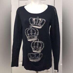 Rock & Republic Crown Print Studded Pullover Sweater, EUC, Navy Blue,Size Large